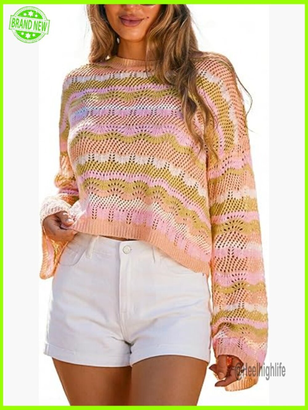 Crochet Knit Long Sleeve Beach Coverup Top Women's Medium
